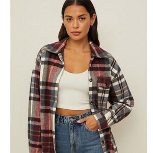BiBi Women's Shacket Burgundy and Blue Plaid Flannel Oversized Size Small Cozy